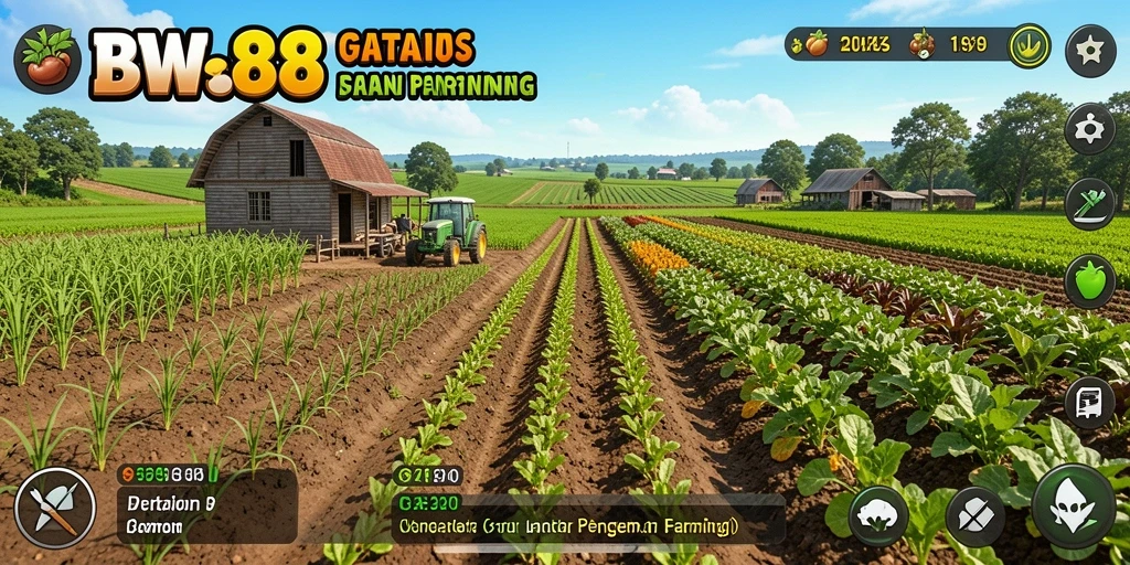 Tampilan gameplay BW888 menampilkan kebun yang subur dan hewan ternak yang aktif.