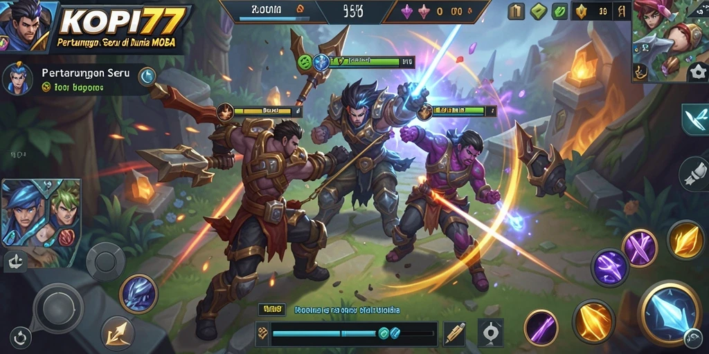 Screenshot gameplay KOPI77 menampilkan pertempuran seru di arena MOBA.