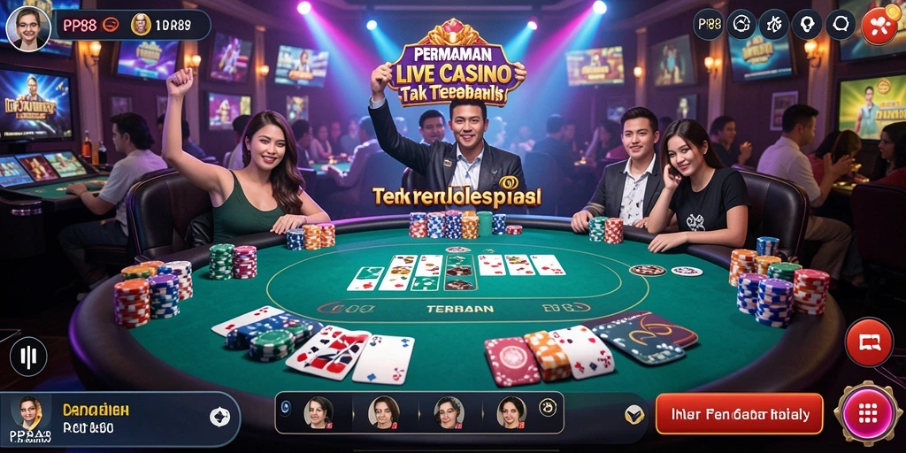 Screenshot gameplay PP88 menampilkan dealer langsung dalam aksi di meja Live Casino.