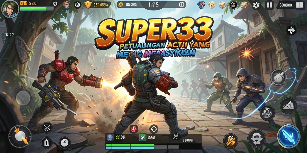 Screenshot utama SUPER33 menampilkan aksi seru dalam pertempuran.